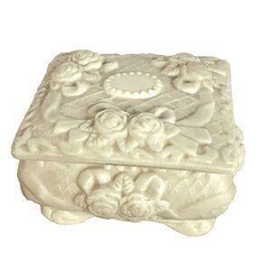 Coquette Bisque Trinket Jewelry Box Porcelain Lidded Roses Floral Vintage Velvet